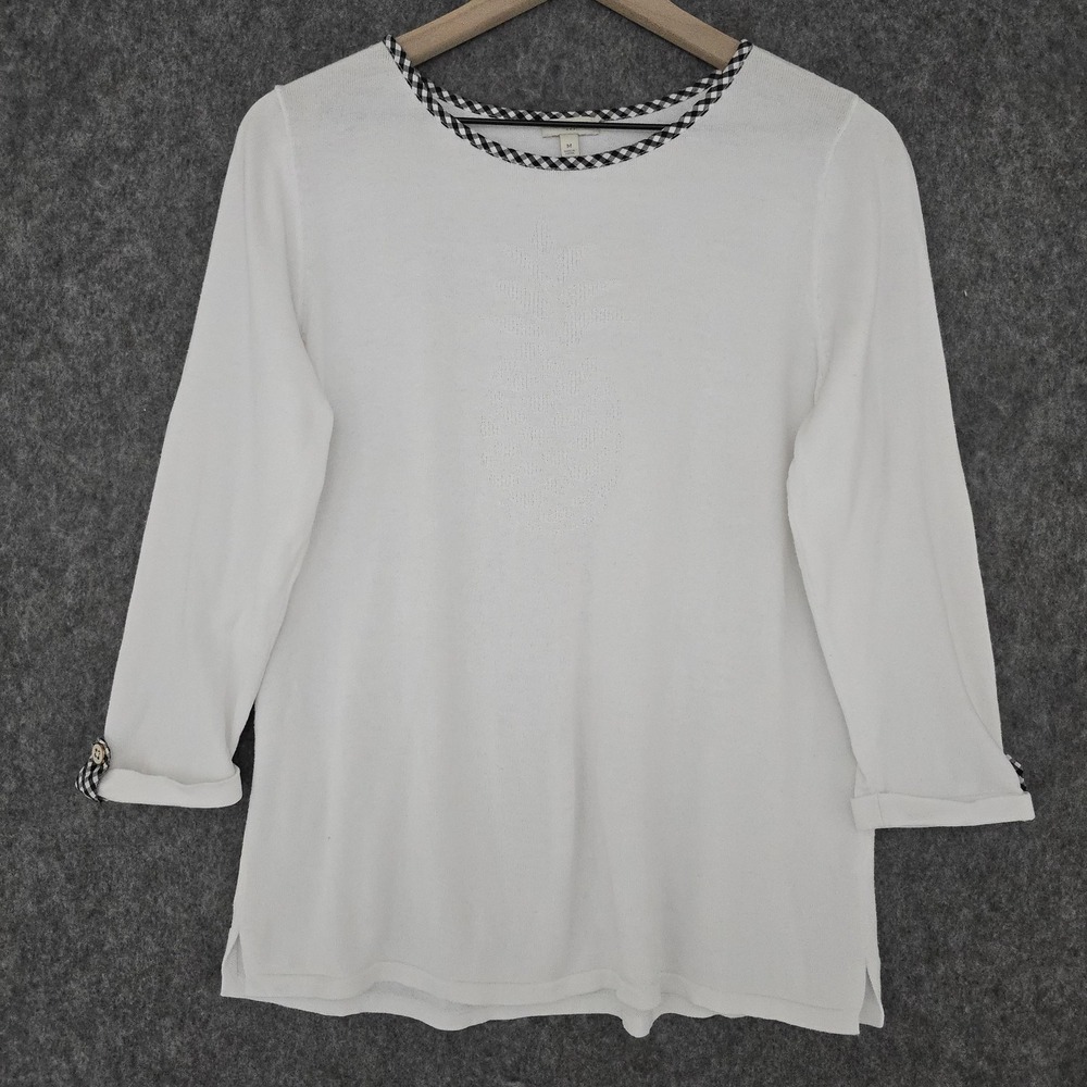 Talbots Sweater Womens M White Pineapple Knit Gingham Trim Button Cuffā Pullover